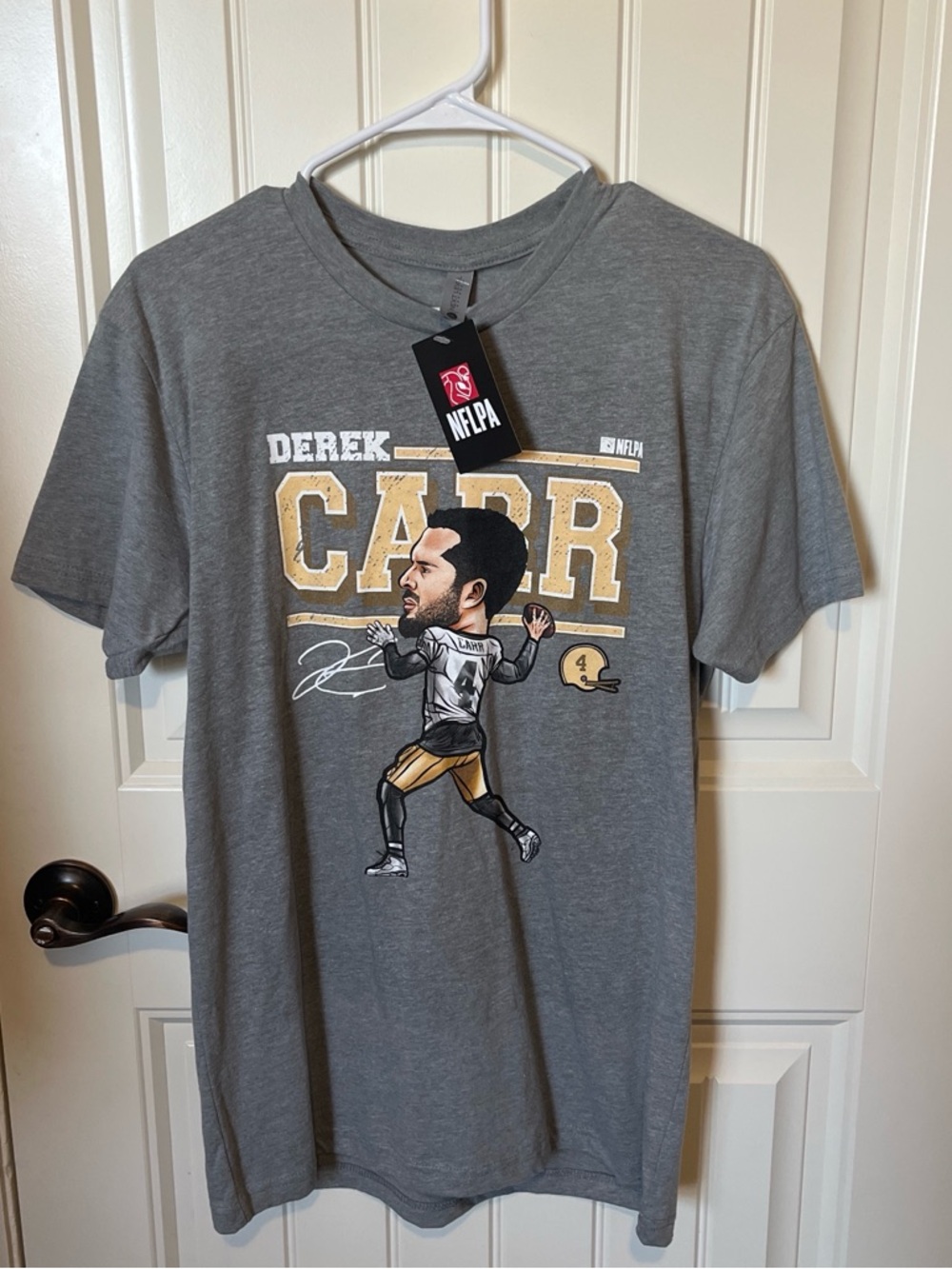Next Level Apparel Gray Derek Carr Graphic Tee with Gold Accents
